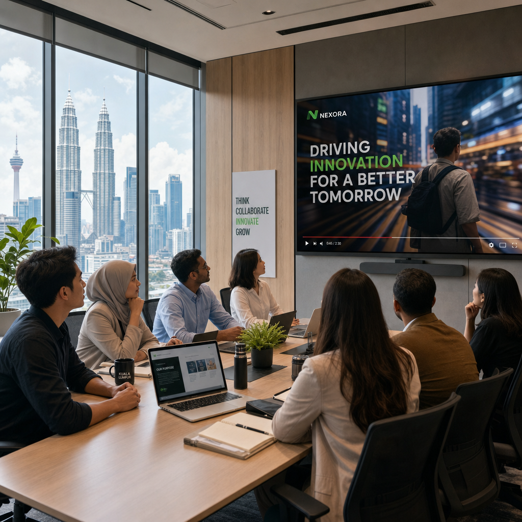 Corporate team watching brand video presentation in modern Malaysian office