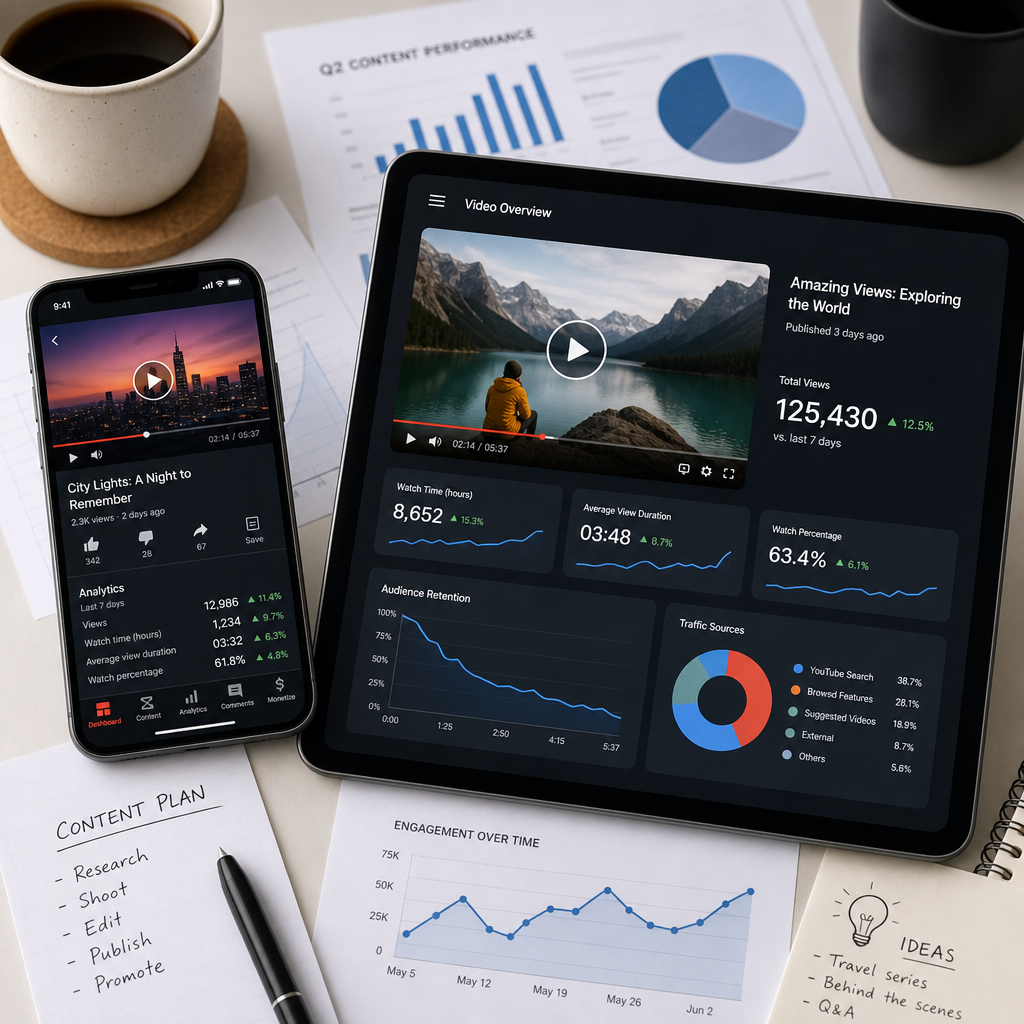 Mobile devices showing video content with business analytics on workspace