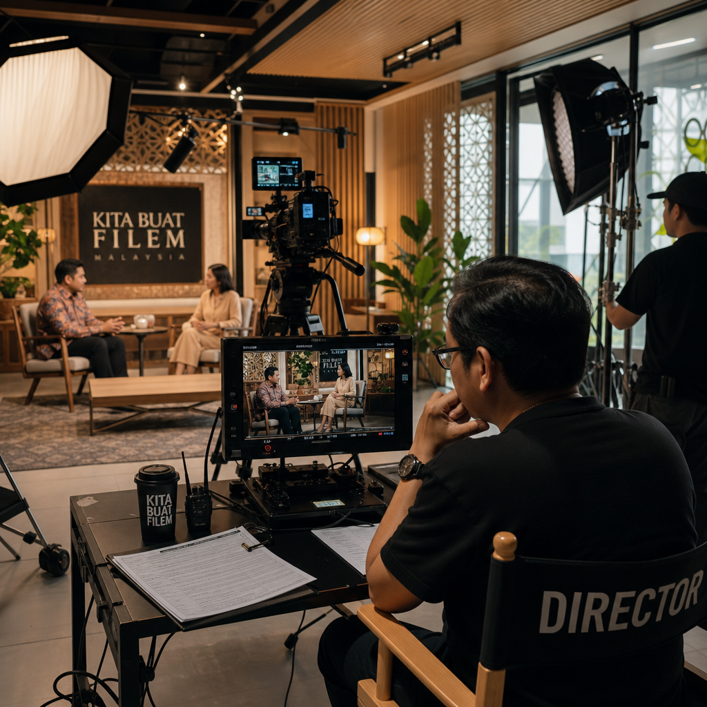 Professional video production studio with camera and lighting equipment setup