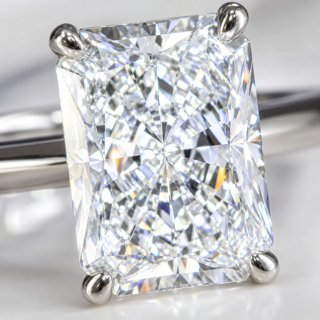 Radiant cut diamond displaying crushed-ice sparkle and colorful light refraction under studio lighting