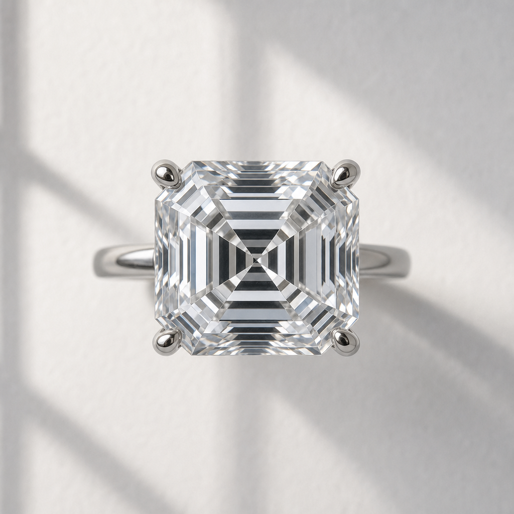 Asscher cut diamond from above showing geometric step facets and hall-of-mirrors optical effect