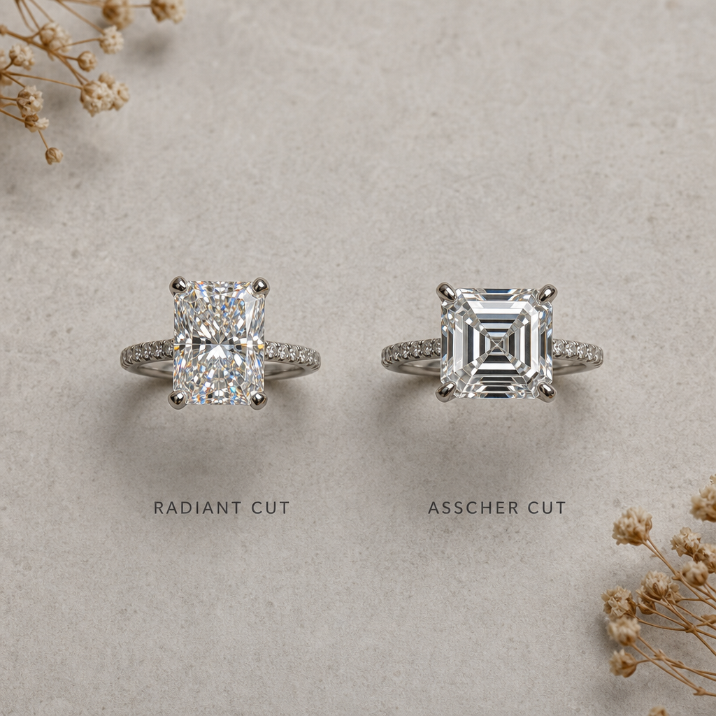Side-by-side comparison of radiant and Asscher cut engagement rings showing different optical characteristics