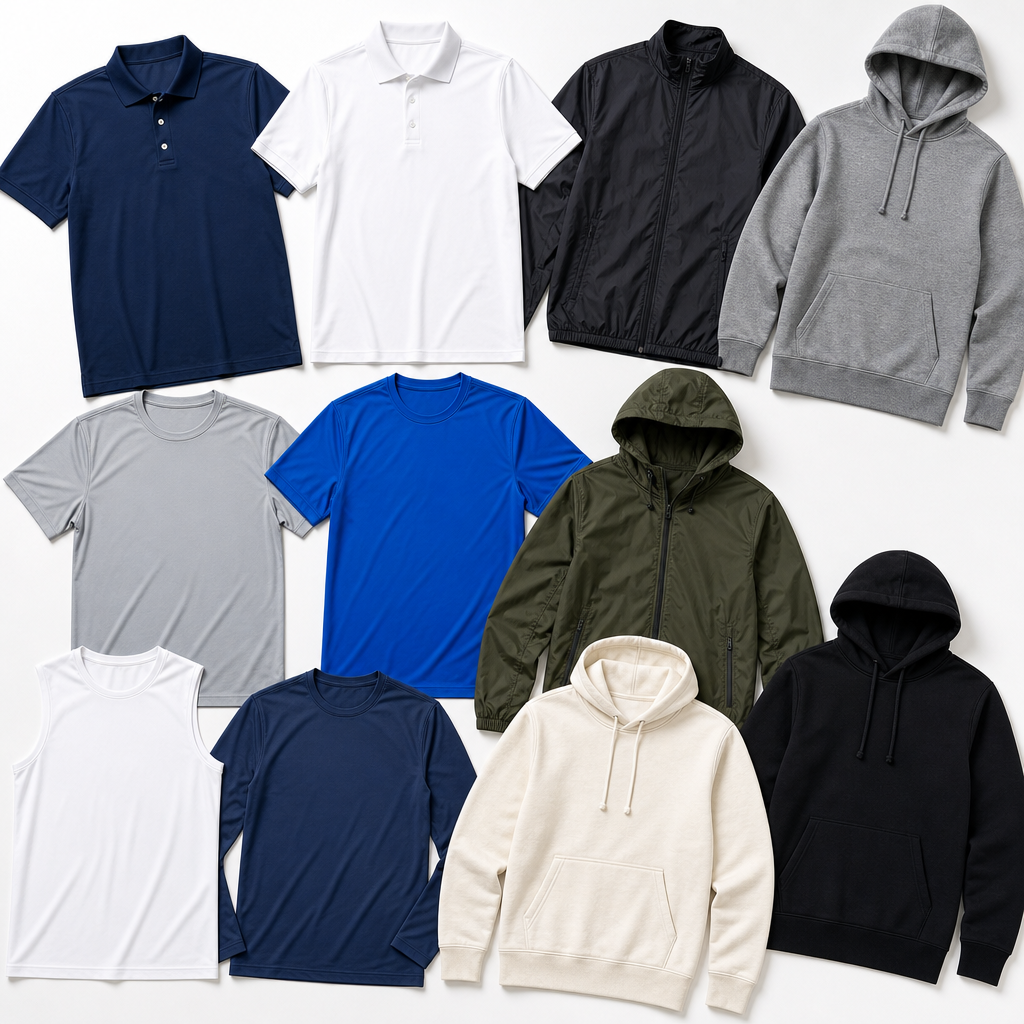 Collection of various blank apparel garments in different fabrics and styles arranged flat lay