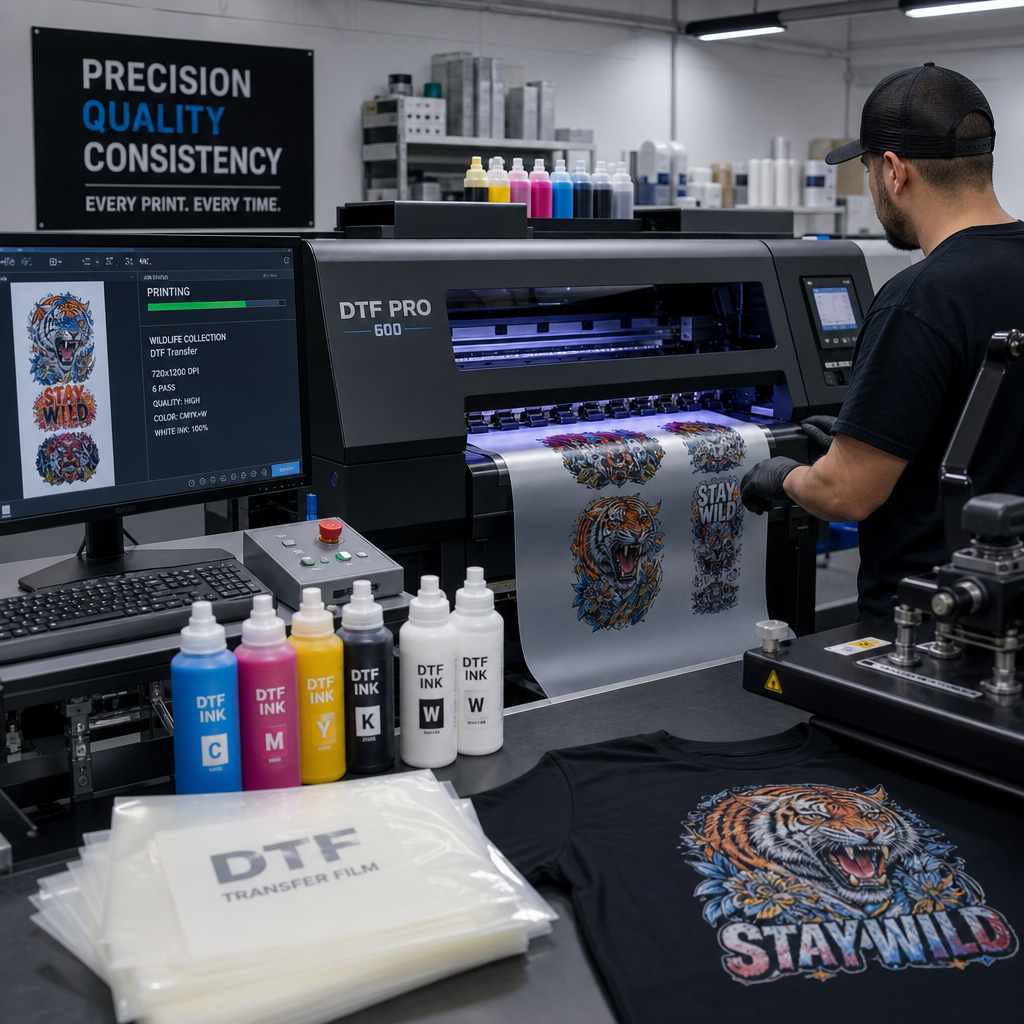 DTF printing equipment in professional print facility demonstrating the printing process