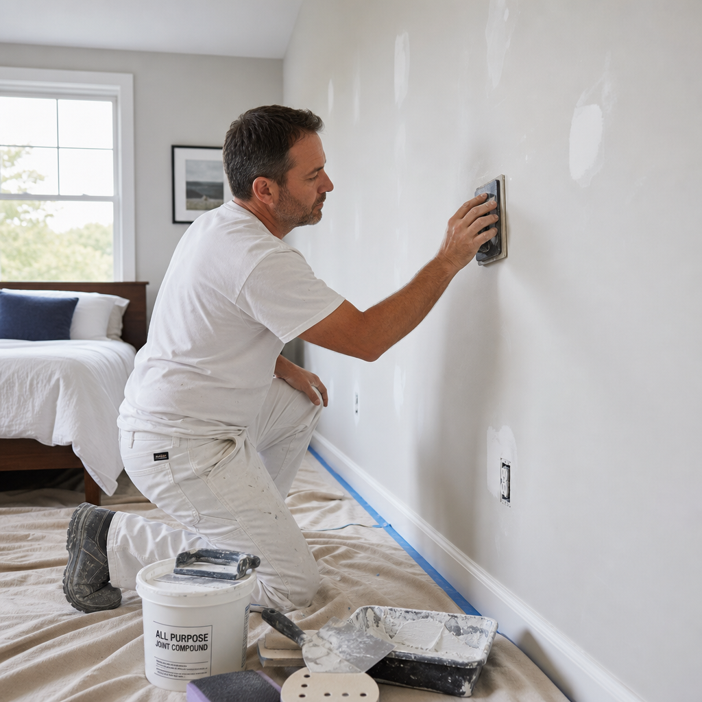 Professional painter sanding and preparing interior wall surface with careful attention to detail