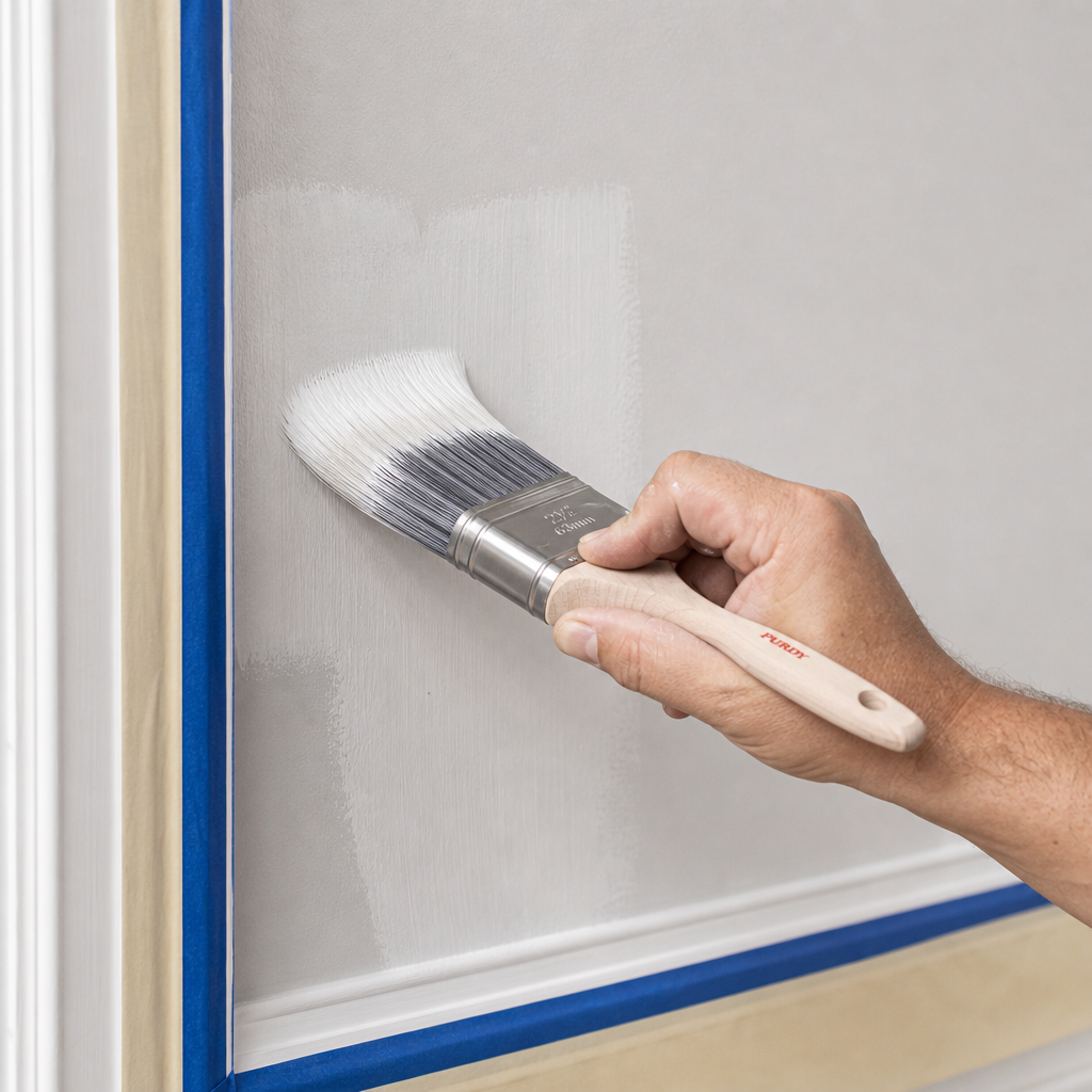Painter's hand applying primer coat to wall with professional brush technique