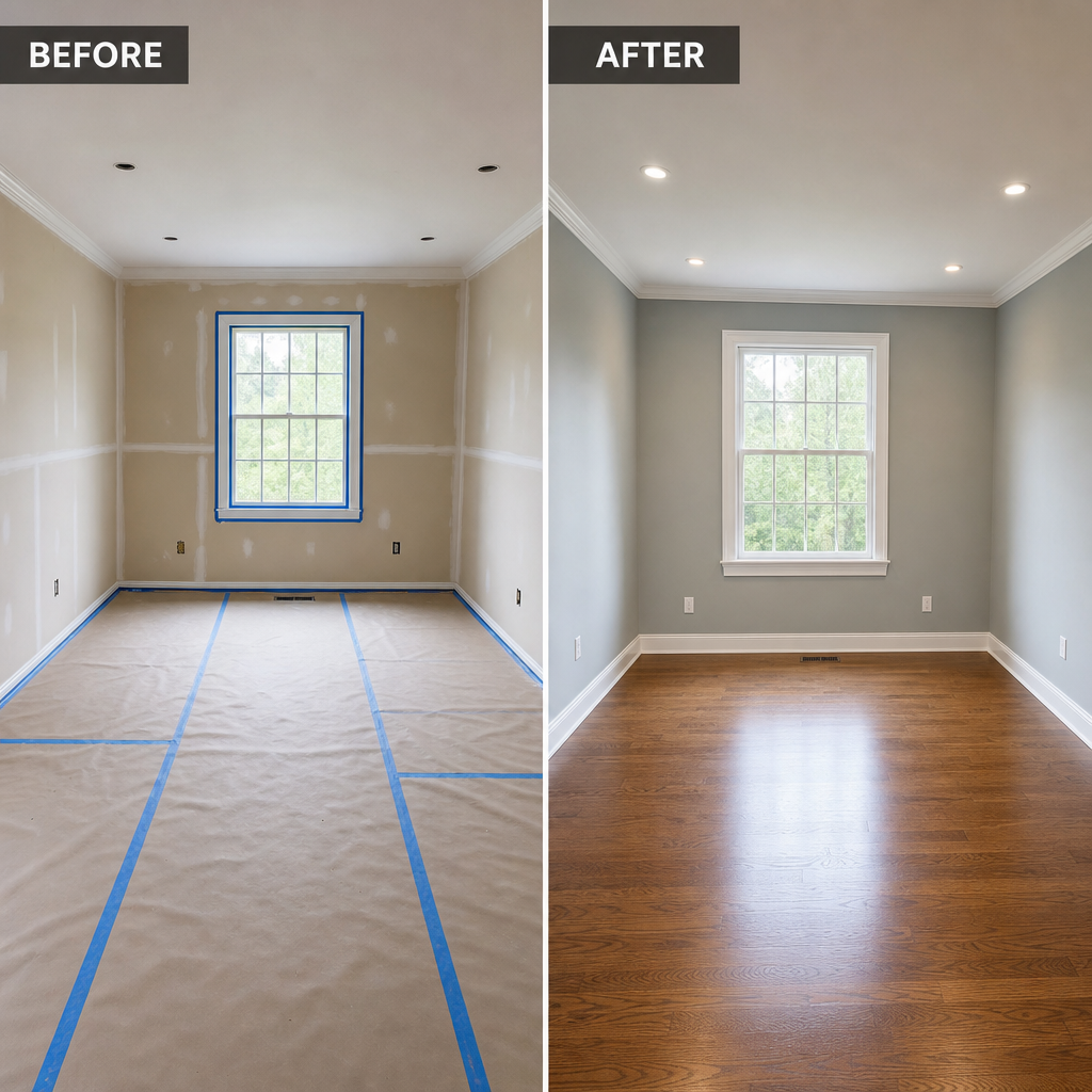 Before and after comparison of interior room preparation and final painted result
