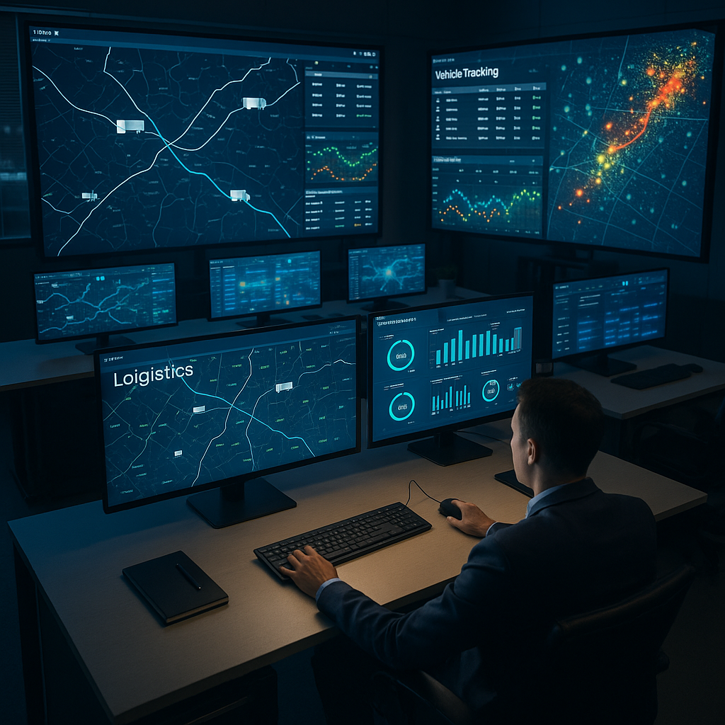 Logistics control center with multiple monitors showing route optimization software dashboards and vehicle tracking data