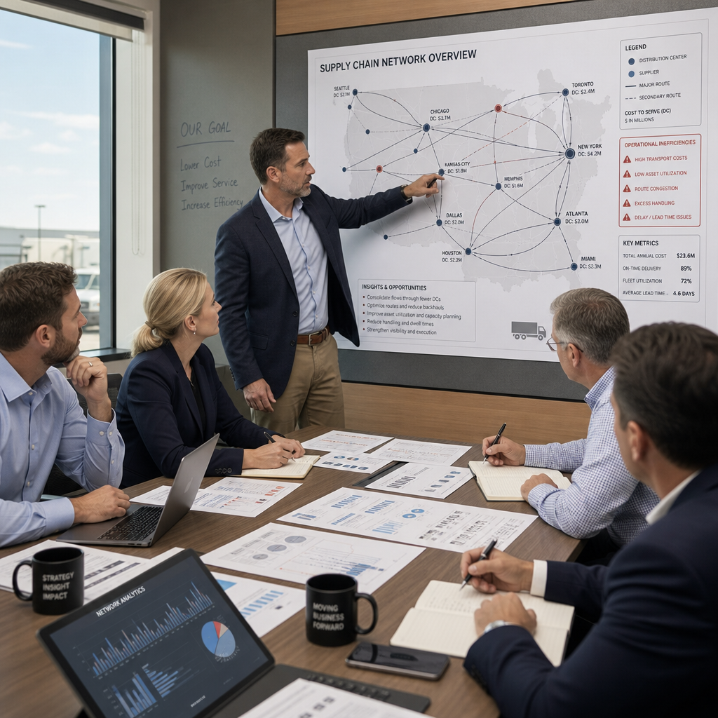 Transport directors and consultant reviewing detailed network analysis and route optimization strategy during a consultation meeting