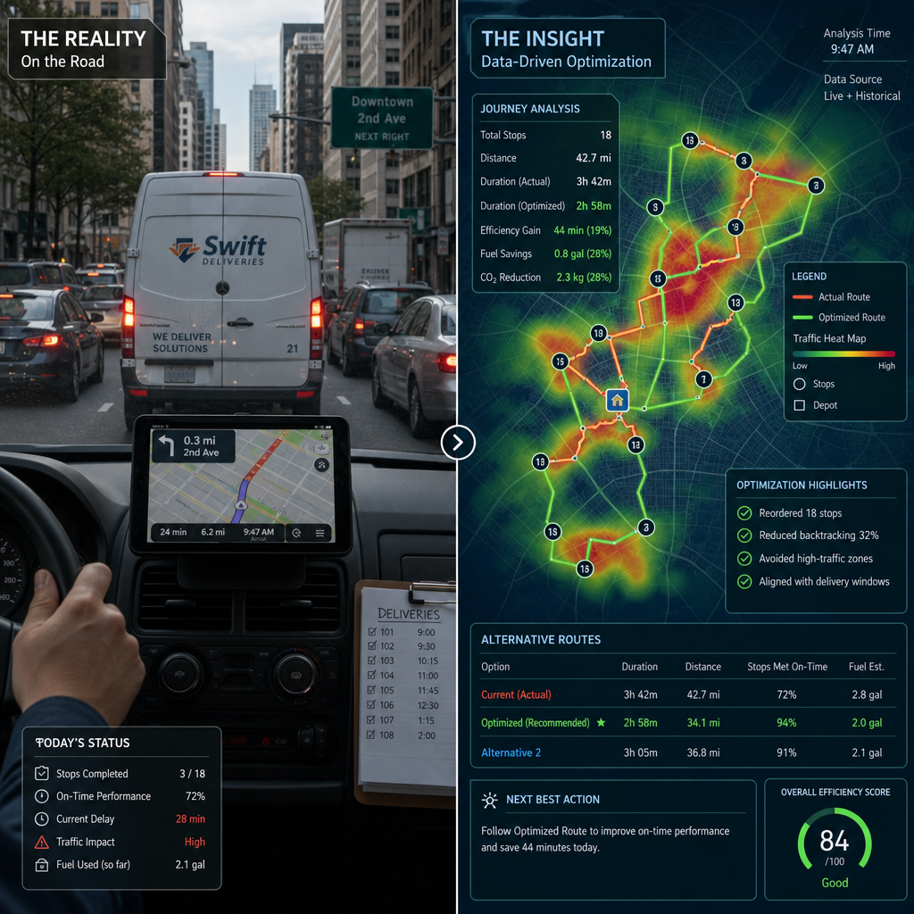 Comparison of real-world delivery route versus digital optimization analysis showing cost savings potential