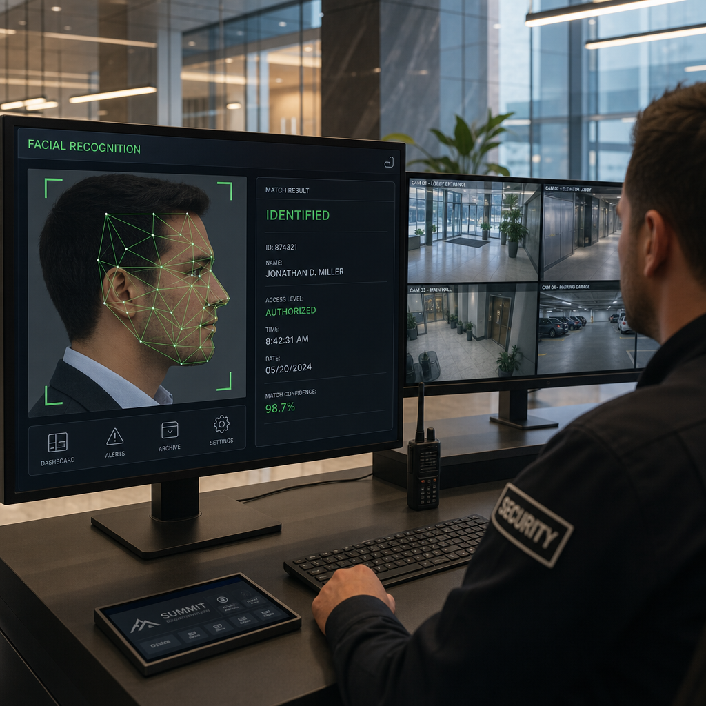 Facial recognition security interface displayed on office building lobby monitor
