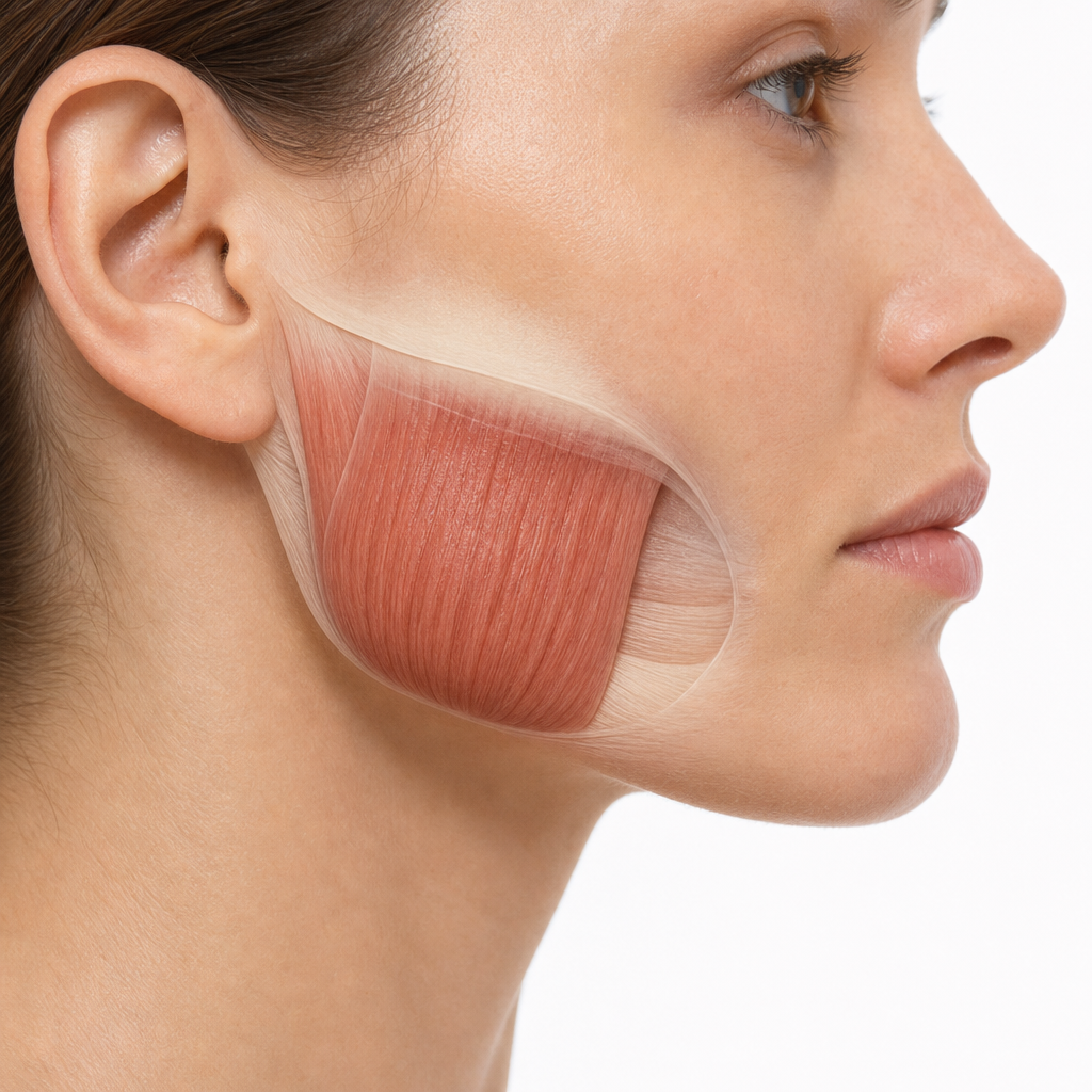 Anatomical profile view highlighting the masseter muscle and jaw structure