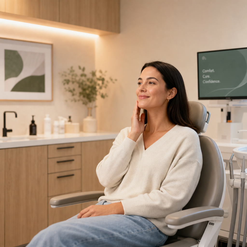 Person experiencing jaw relief in a modern medical treatment setting