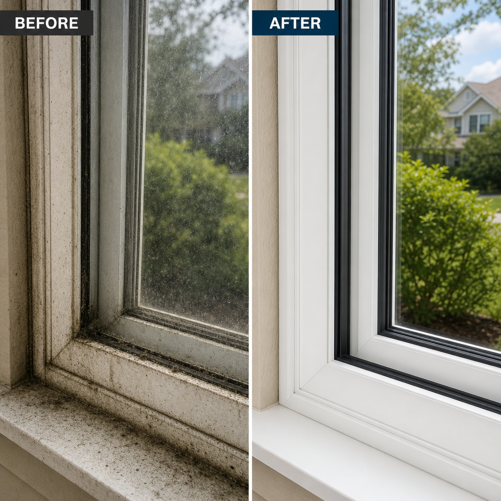 Before and after comparison of window cleaning showing dirty versus clean residential window