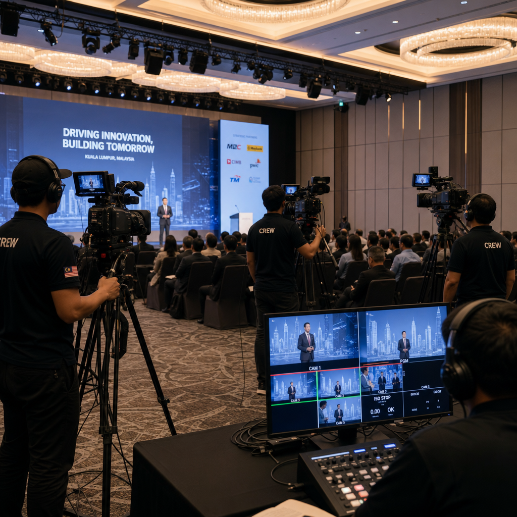 Multi-camera crew positioning at a Malaysian corporate event with three cameras strategically placed around the stage