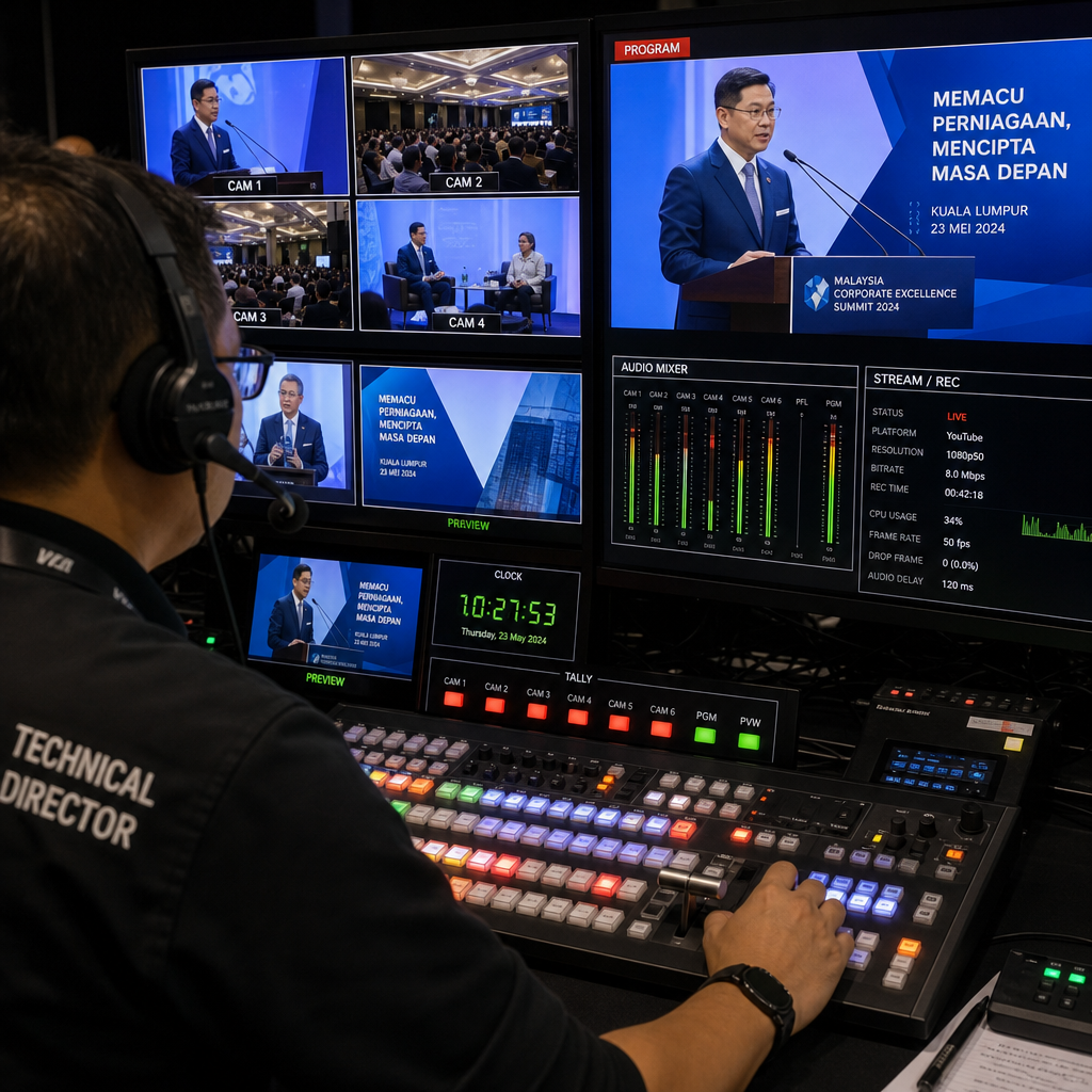 Live production control room with switching console monitoring multiple camera feeds during event broadcast