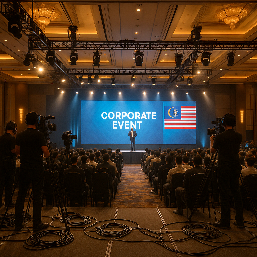 Full event venue production setup showing cameras, crew, audience, and lighting during a Malaysian corporate gathering