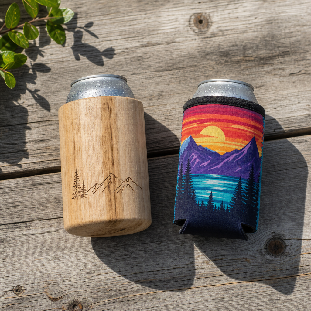 Wooden can insulator and neoprene koozie side by side with cold drinks