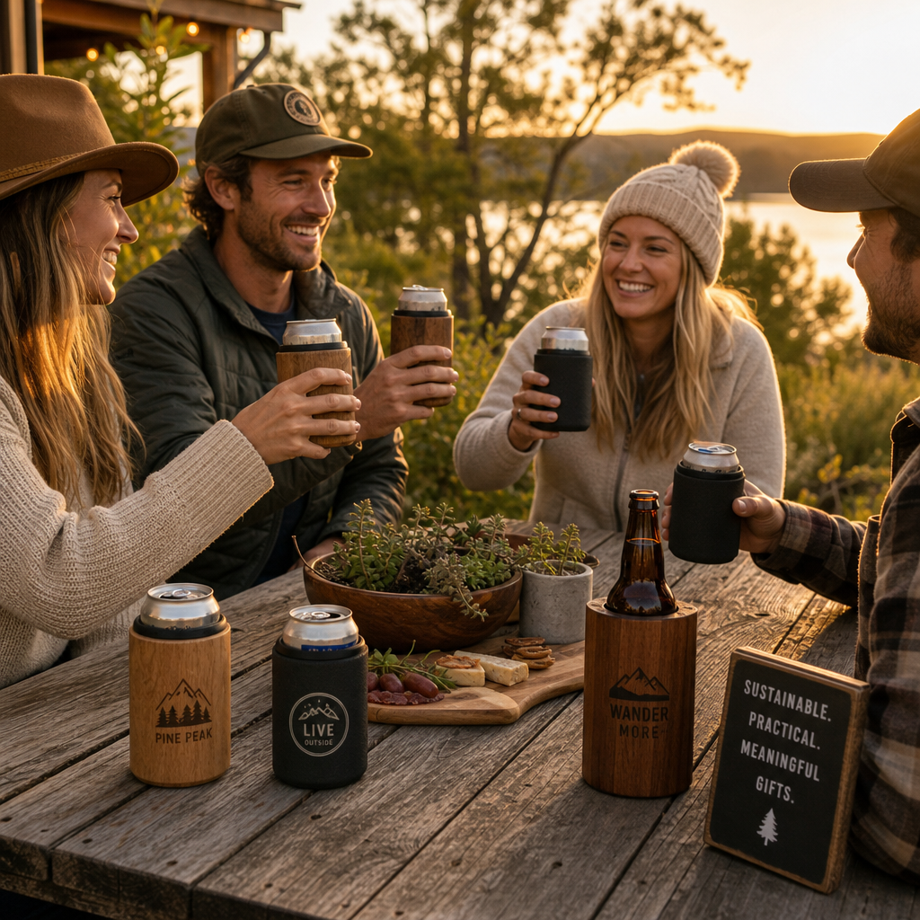 Outdoor gathering with various drink insulators in natural setting