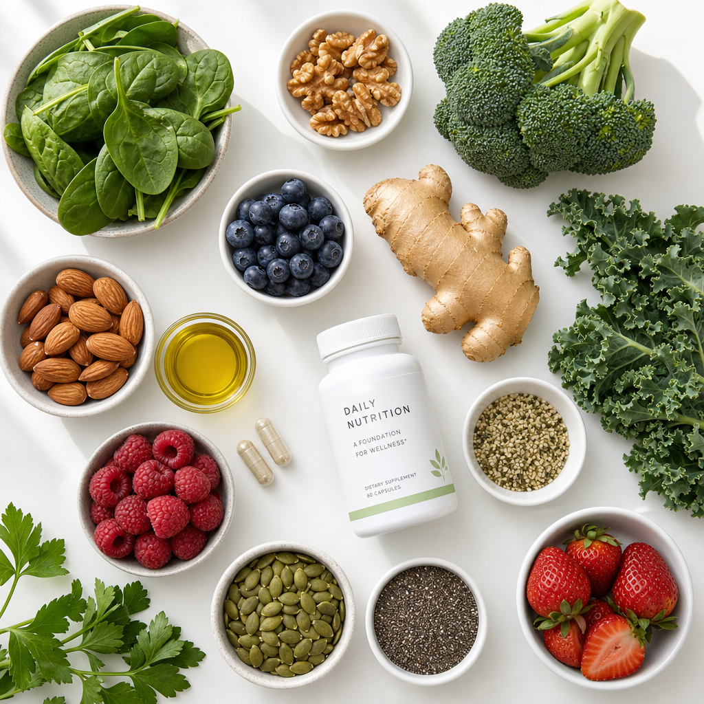 Nutrient-dense foods and supplement bottle arranged in flat lay composition