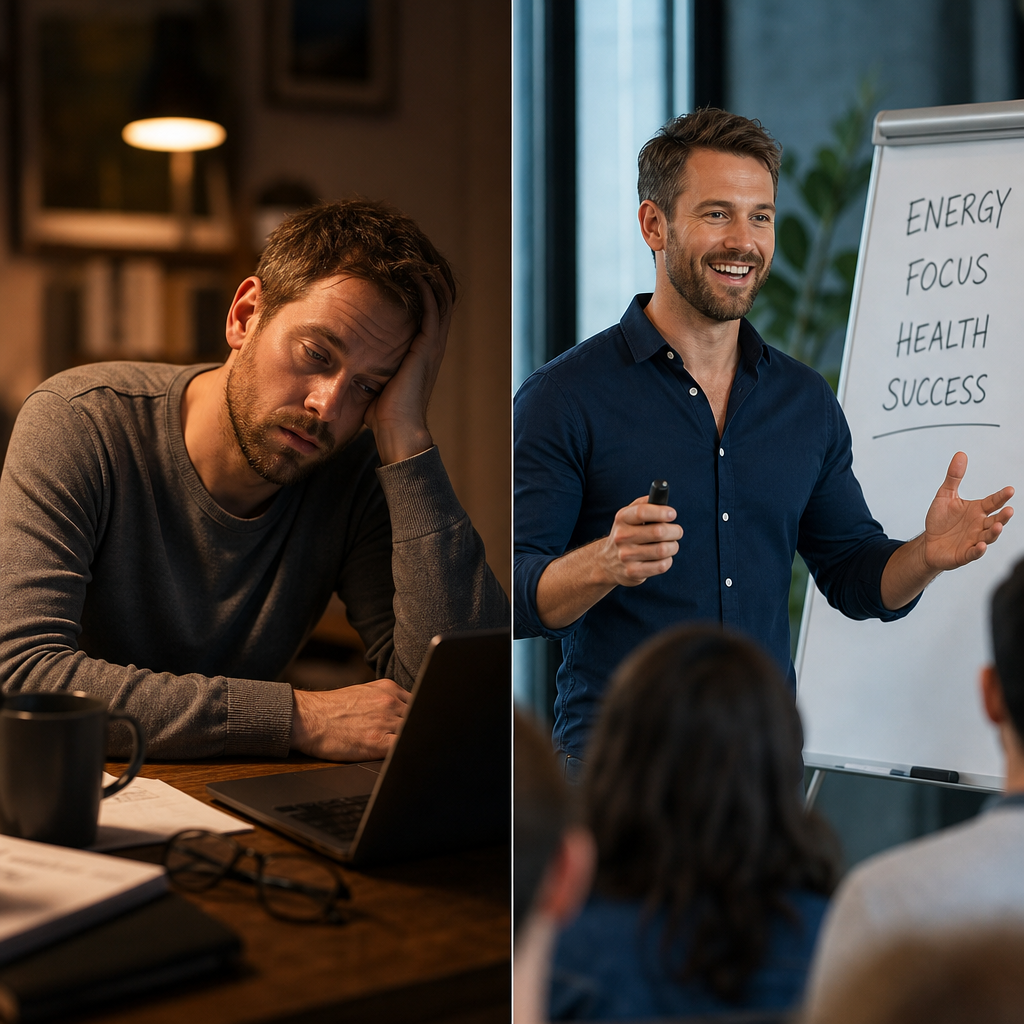 Before and after wellness transformation showing fatigue versus energy and vitality