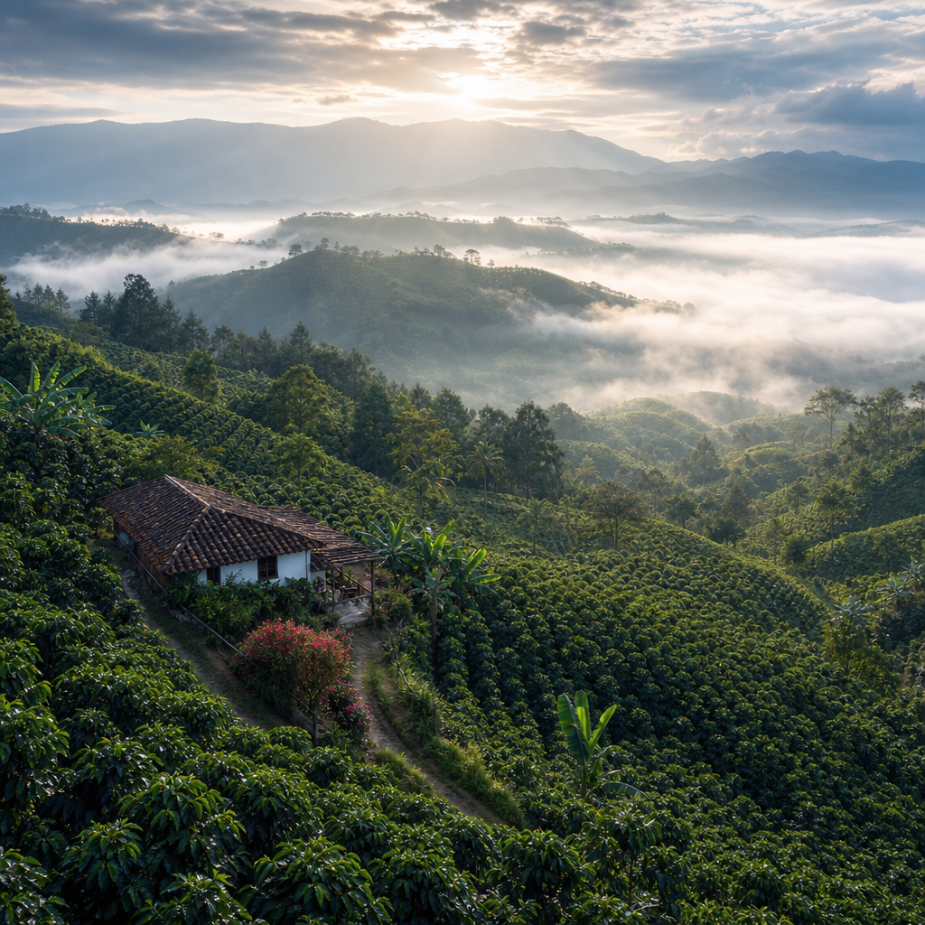 High-altitude Colombian coffee plantations in the Andes mountains shrouded in morning mist