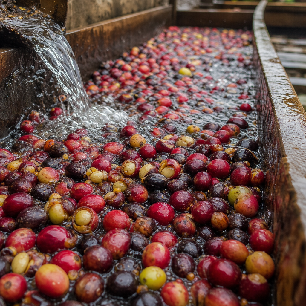 Coffee cherries undergoing washed processing in water channels at a Colombian farm