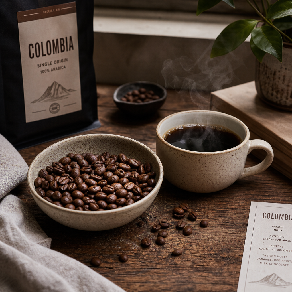 Freshly roasted Colombian coffee beans and a prepared cup of coffee in a minimalist styling