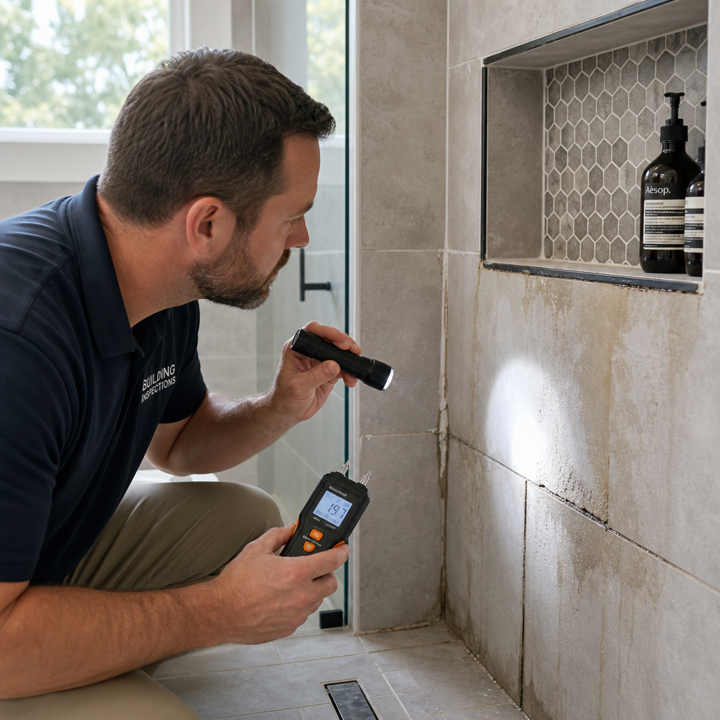 Inspector examining waterproofing defects in a new home bathroom with moisture testing equipment