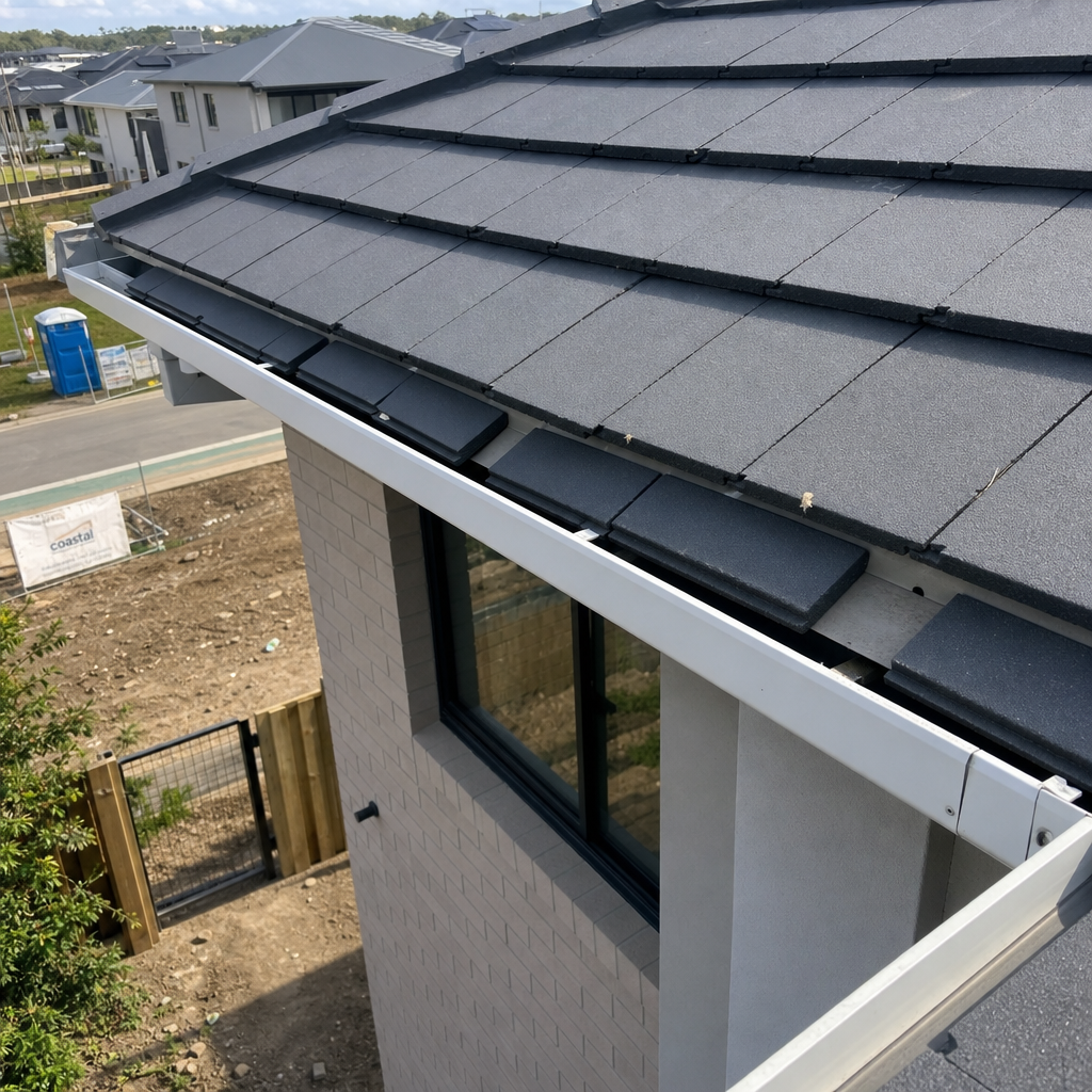 New home roofline with visible gutter and shingle installation defects