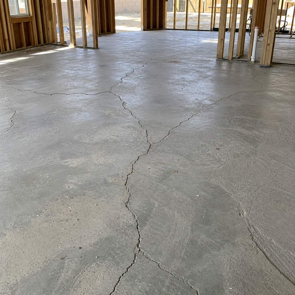 New home concrete slab with visible cracking and settlement defects