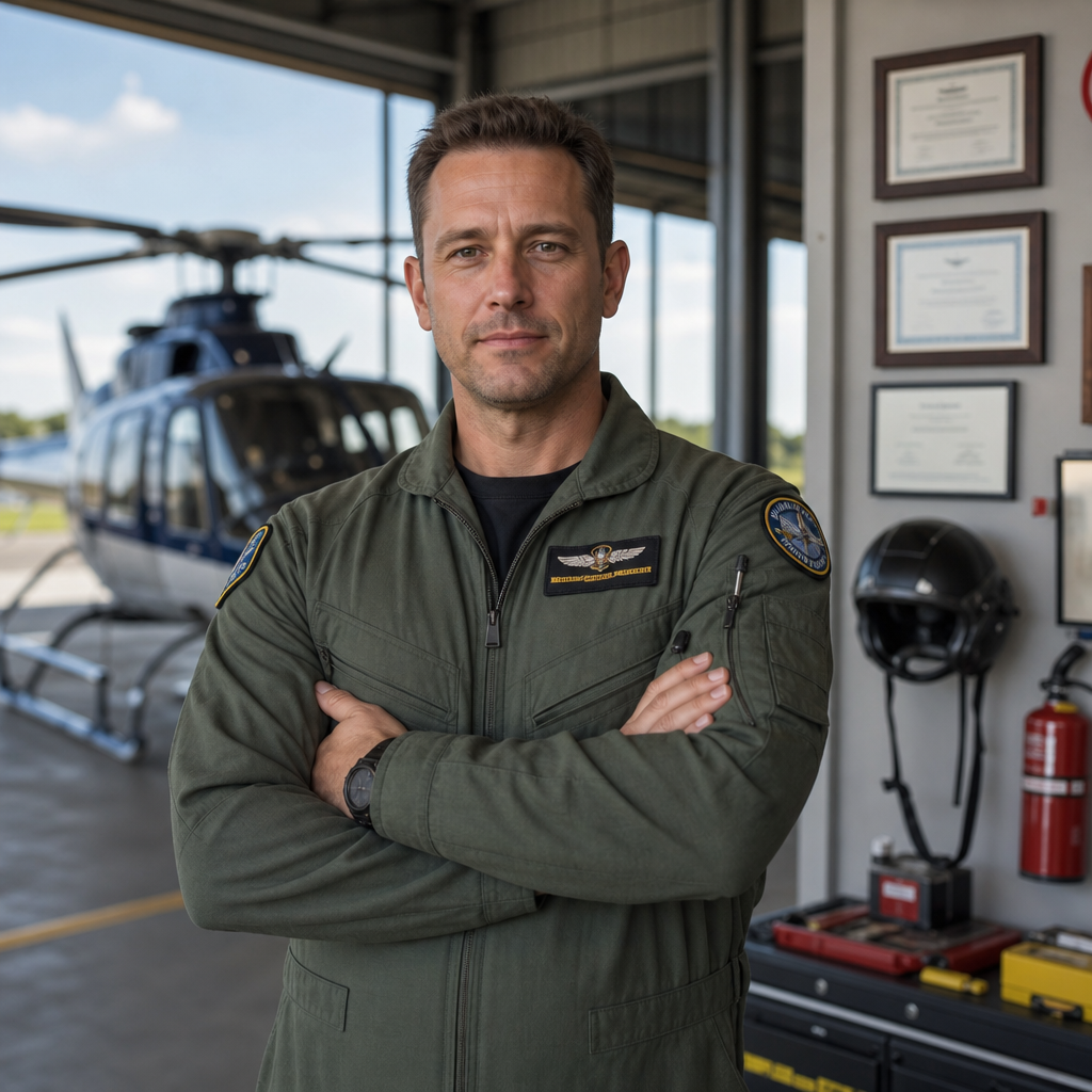 Profesjonalny operator helikoptera przy podstawie hangaru lotniczego