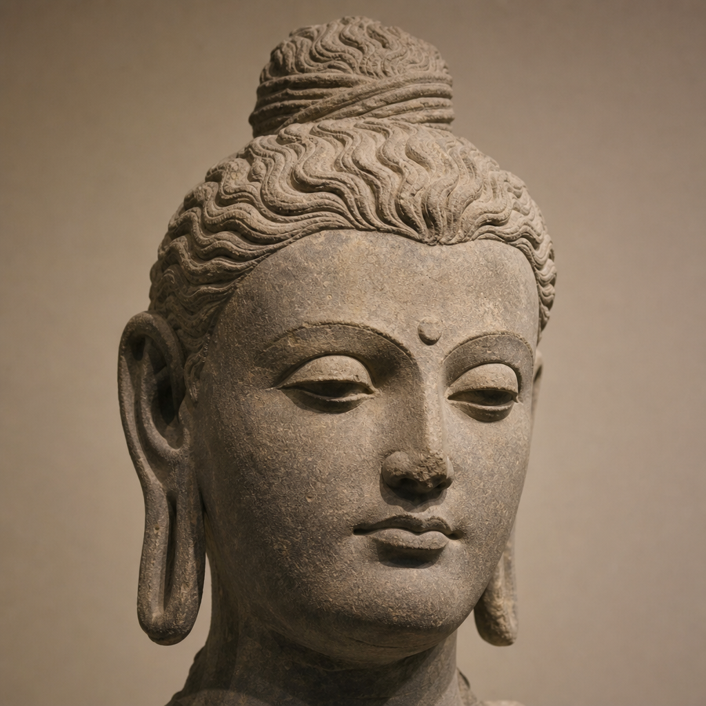 Antiker Buddha-Kopf aus Stein mit geschnitzter Urna, Ushnisha und länglichen Ohrläppchen, die den Einfluss von Gandhara zeigen