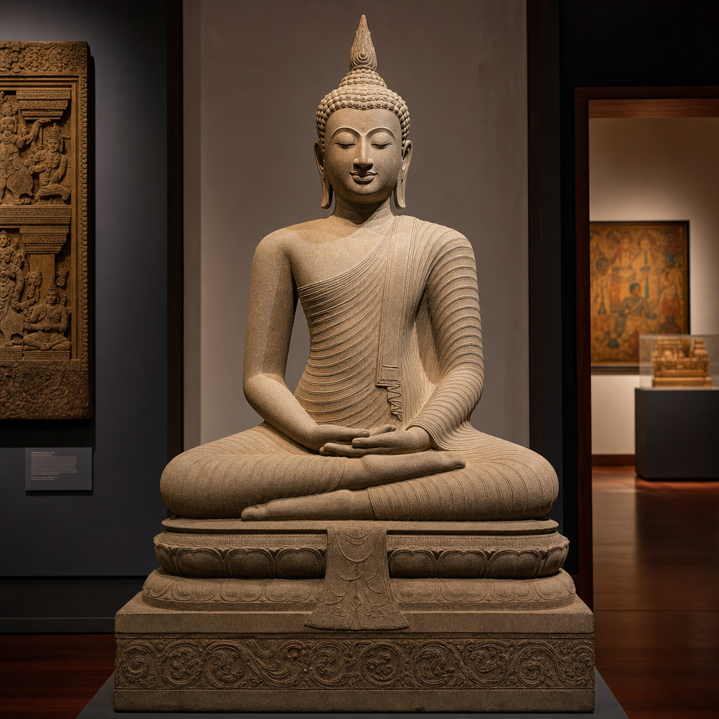 Sitzende Kandyan-Buddha-Statue in voller Länge mit raffinierter Schnitzerei und elegantem Vorhang in Meditationshaltung