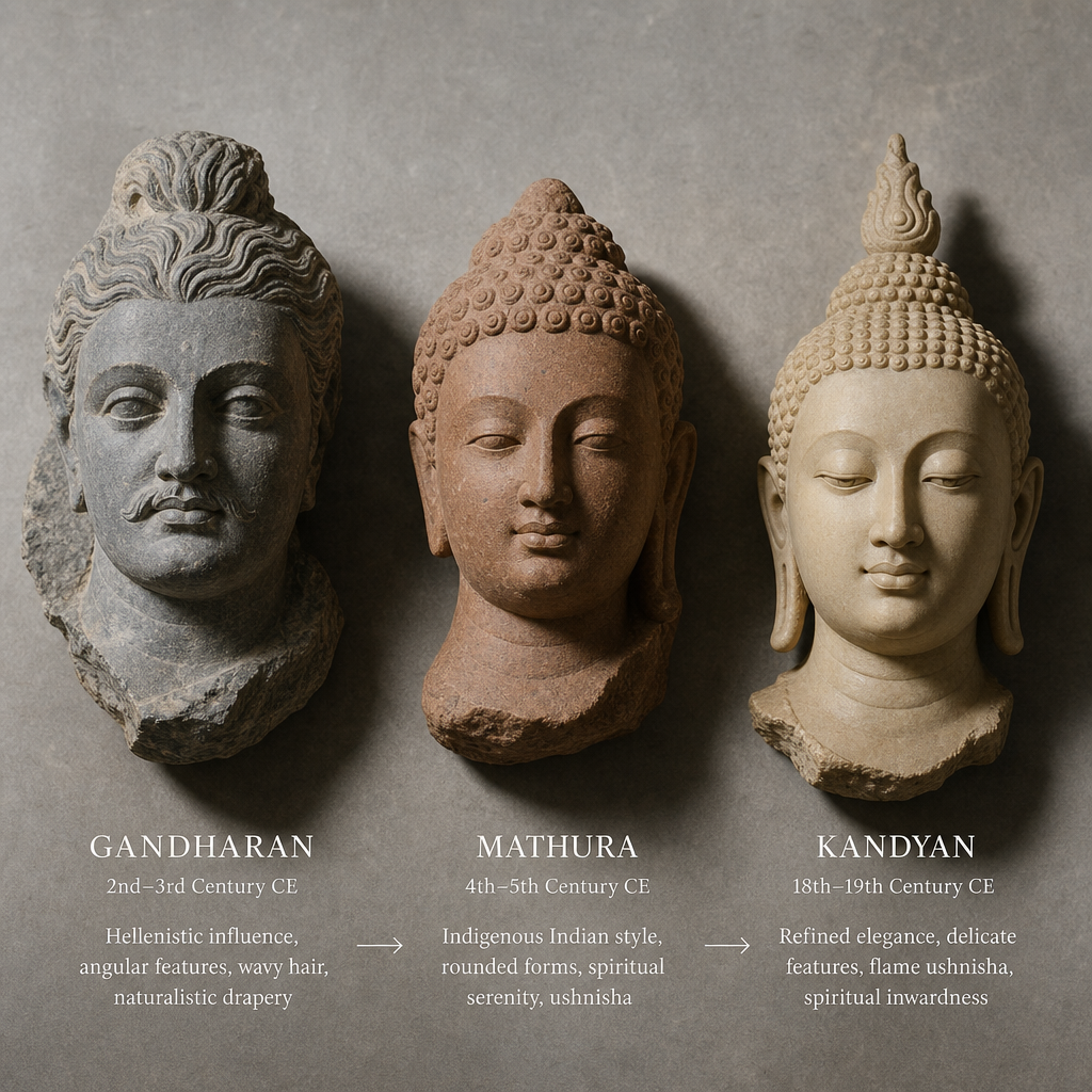 Drei Fragmente einer Buddha-Skulptur, die den stilistischen Fortschritt von der Gandharan- zur Kandyan-Zeit zeigen