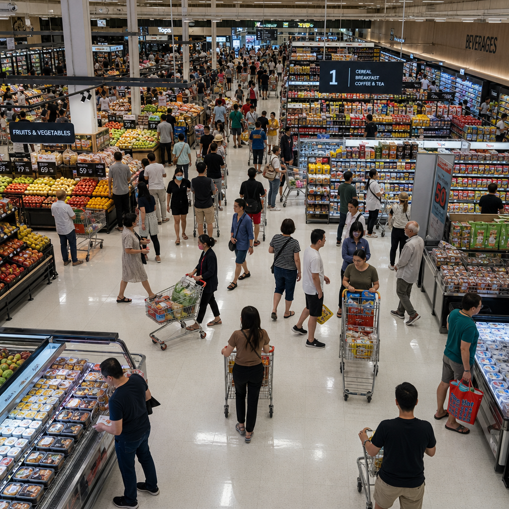 Busy supermarket floor in Pakenham with customers shopping during peak hours, showing high-traffic retail environment
