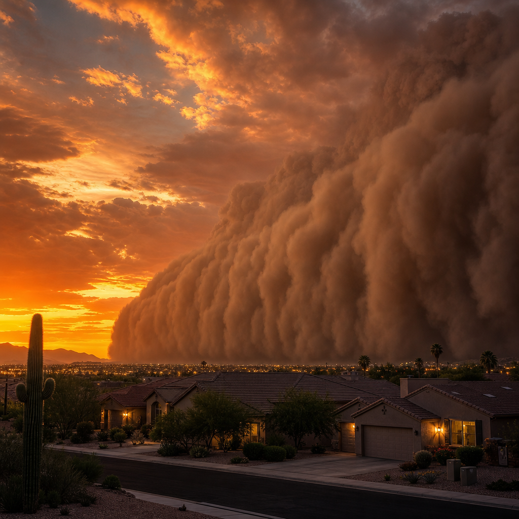 Massive monsoon dust storm advancing toward Phoenix residential area during sunset