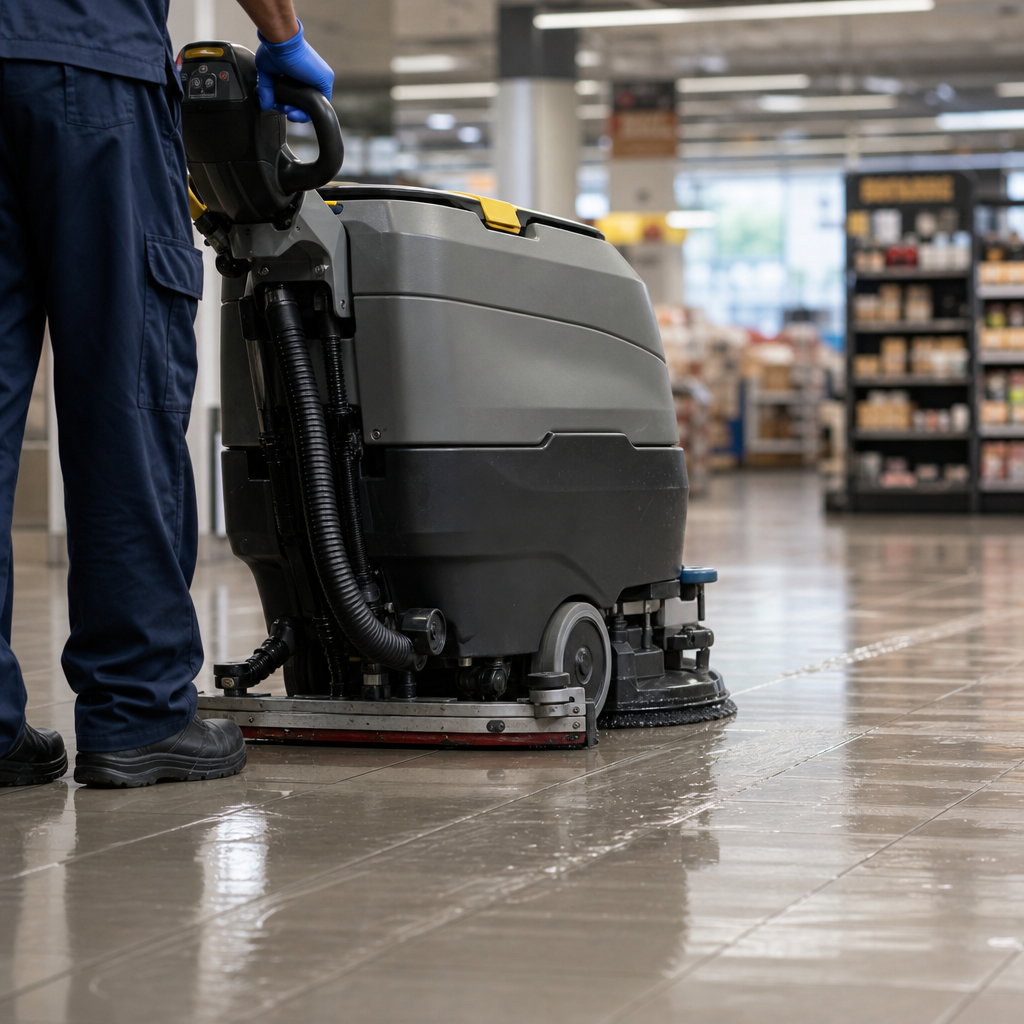 Professional cleaner using industrial equipment to clean retail floor tiles in a retail store in berwick