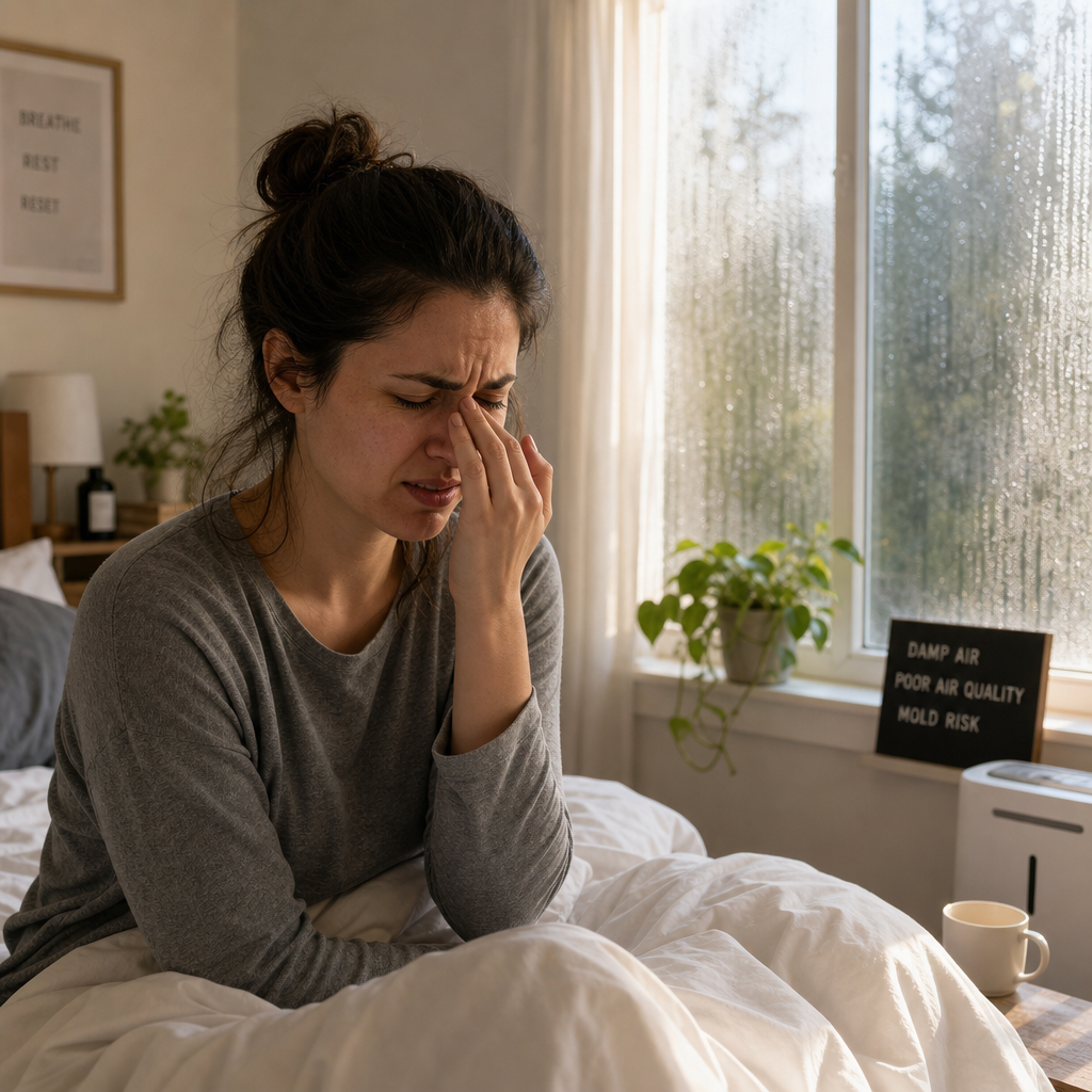 Person experiencing discomfort from poor indoor air quality with symptoms of allergies and irritation