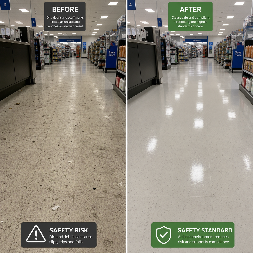 Before and after comparison of retail floor cleaning standards showing professional cleaning results in Clyde