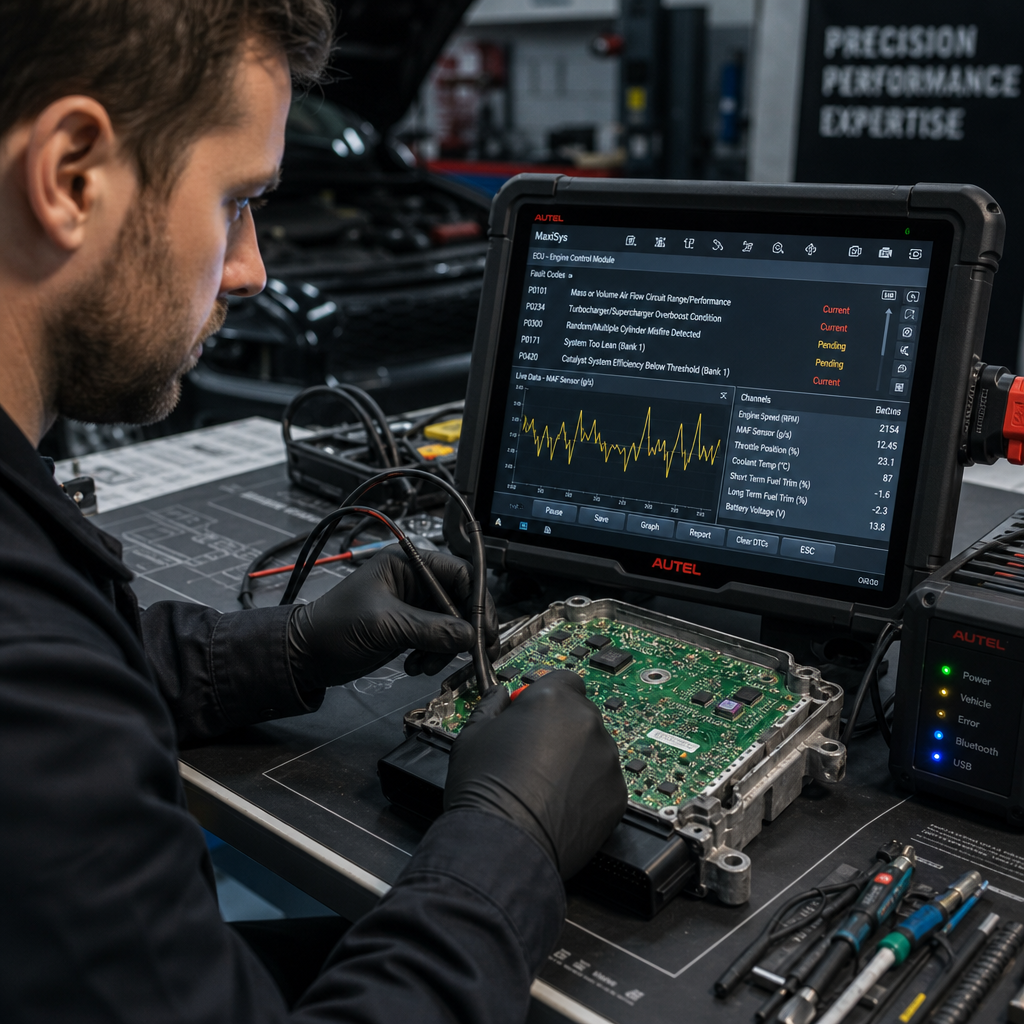 Technician performing advanced vehicle ECU diagnostics with professional scanning equipment