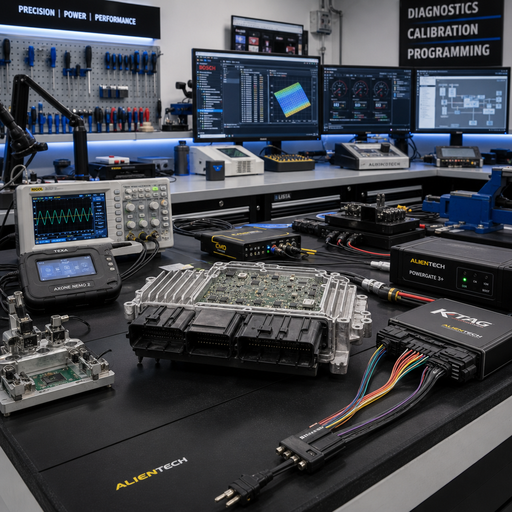 Professional automotive electronics repair workbench with diagnostic equipment and programming tools