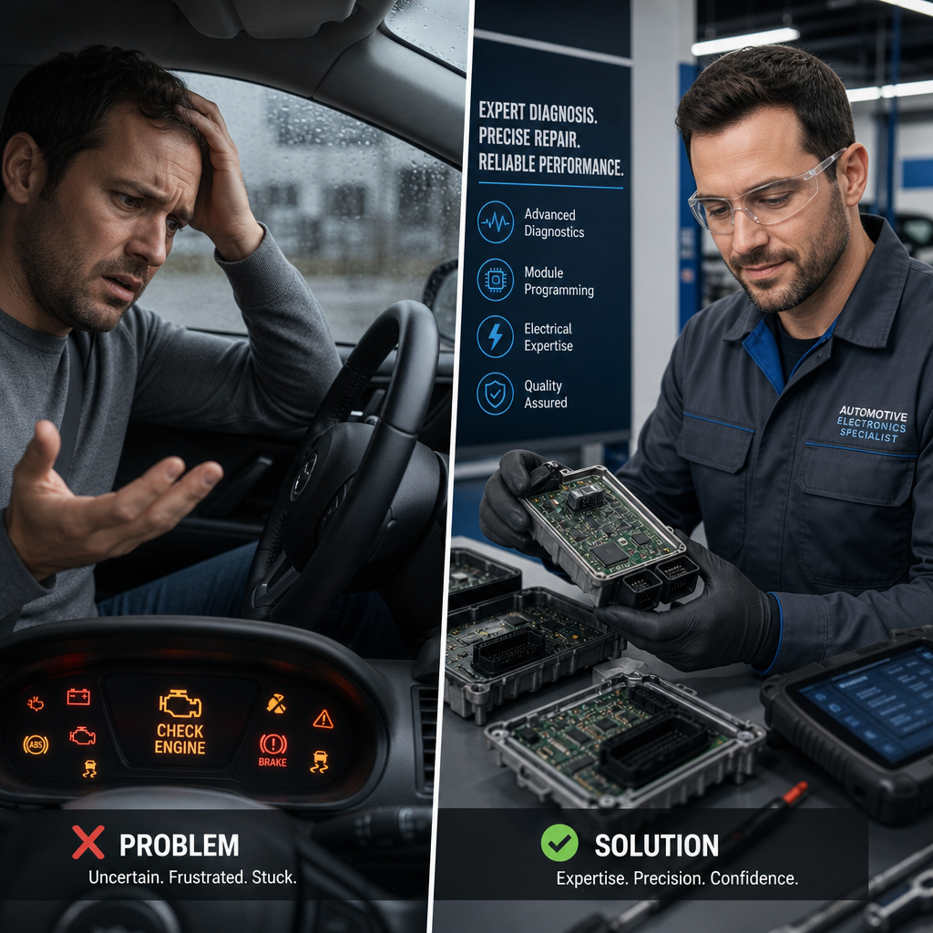 Conceptual contrast between vehicle electronic failure and professional diagnostic expertise