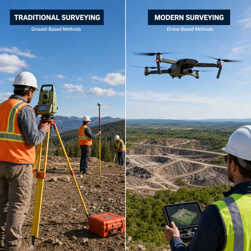 Sammenligning af et traditionelt opmålingsteam og moderne droneteknologi