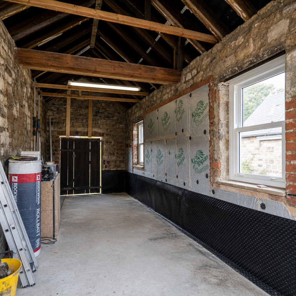 A garage undergoing conversion with exposed stonework and insulation installation