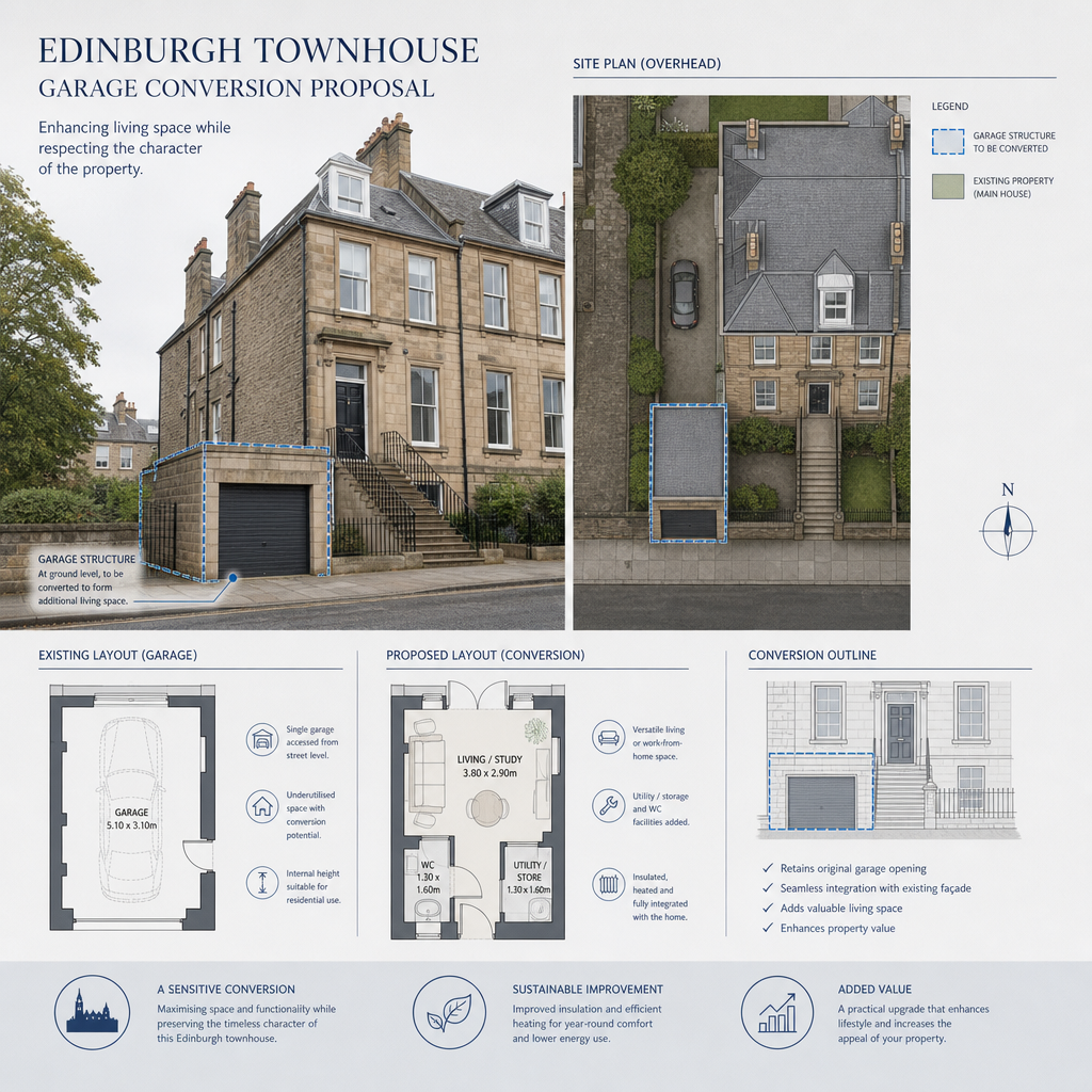 Aerial view illustration of an Edinburgh townhouse showing garage location and conversion layout