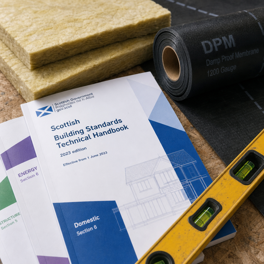Detail of building materials and standards documentation for garage conversion work