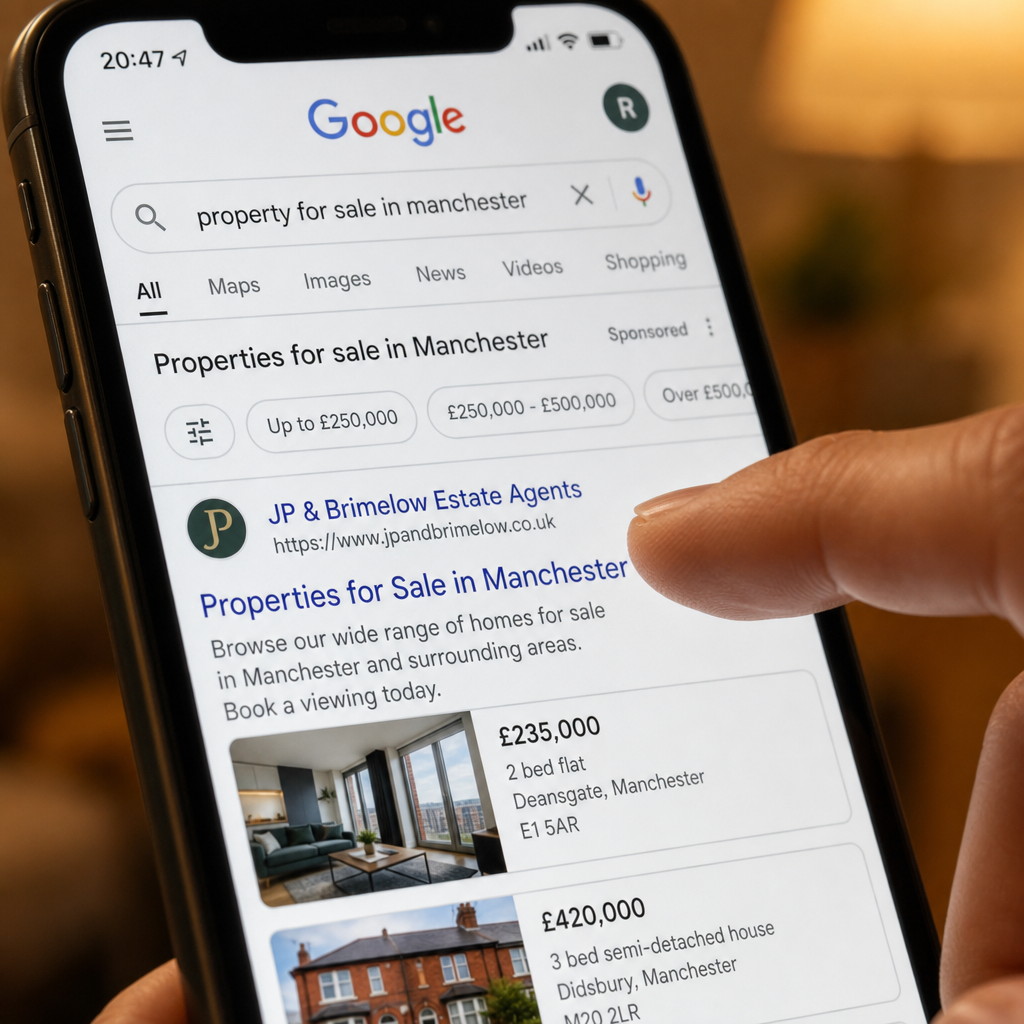 Smartphone displaying Google search results with user ready to select a real estate agency listing