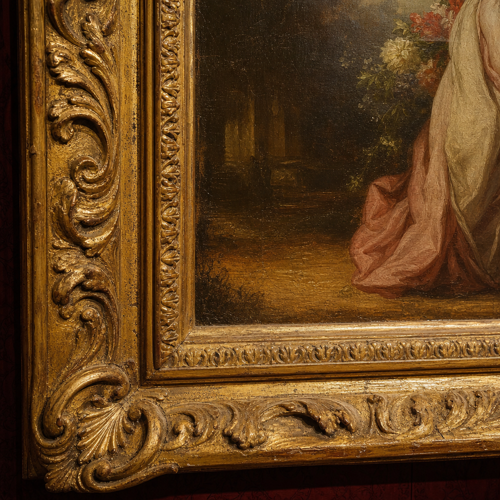 Detailaufnahme eines klassischen Gemäldes in vergoldetem Rahmen mit sichtbarer Alterungspatina