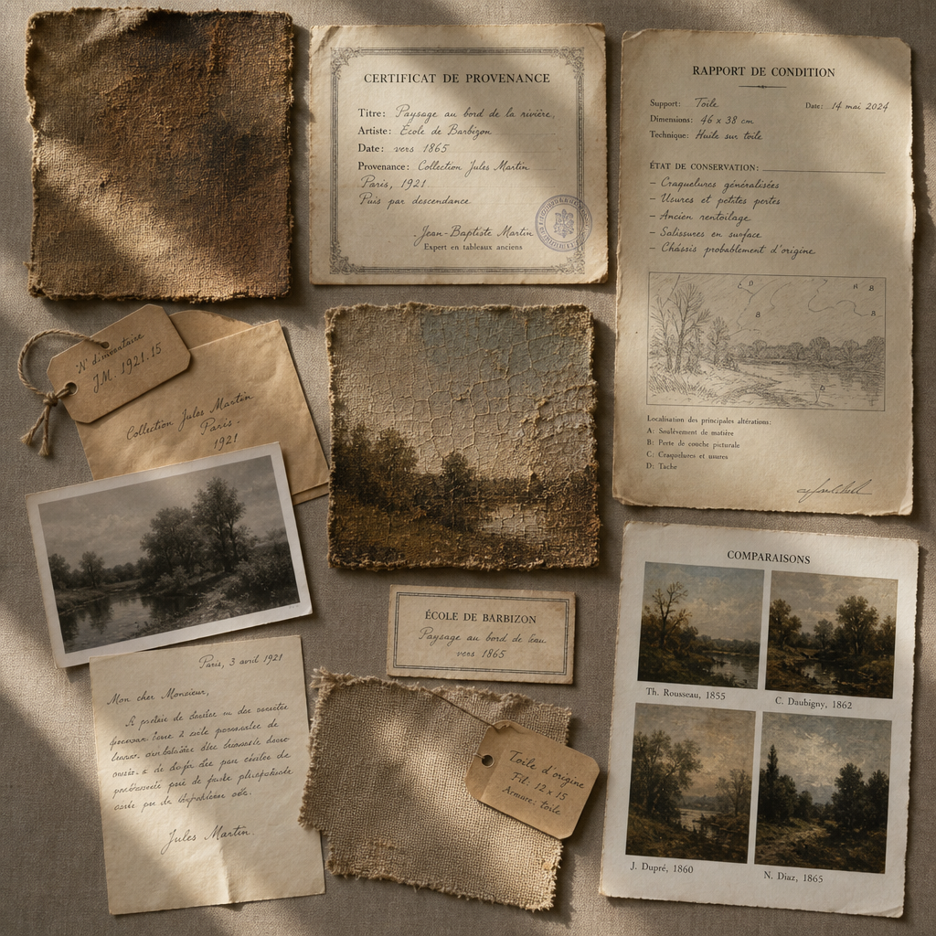 Flache Anordnung von Provenienz-Dokumentation, Zustandsbericht und Referenzmaterialien für Gemäldeanalyse